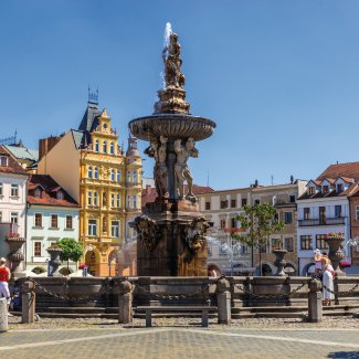 Marktplatz mit Samsonbrunnen in Budweis