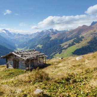 Almhüttenblick auf und Hintertuxer Gletscher